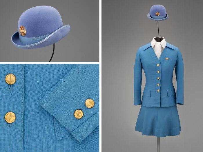 Pan American World Airways stewardess uniform by Frank Smith for Evan-Picone, 1971. This outfit was available in two different colors — blue or gold — and was known as "The Uniform for the Superjet Era."