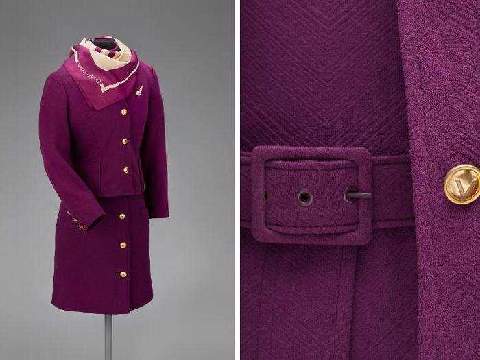 Trans World Airlines female flight attendant uniform by Valentino, 1971. This plum-colored knit dress suit was part of a collection that also included a pant-suit option for women.