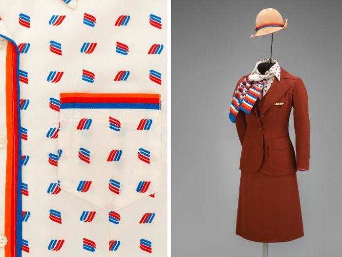 United Airlines female flight attendant uniform by Stan Herman, 1976