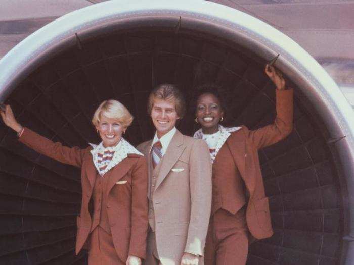 Herman designed numerous flight attendant uniforms for various airlines over the years. This particular suit was worn by United Airlines attendants between 1976 and 1981.