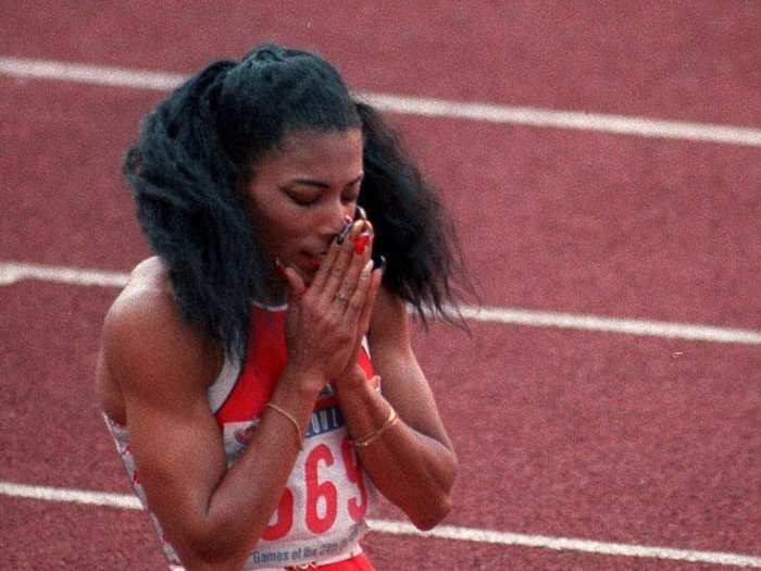 Seoul, 1988: Florence Griffith Joyner fell to her knees after smashing the world record for the fastest time to complete the 200-metre Olympic final. Joyner died just 10 years later in 1998 of an apparent heart seizure. She was 38.