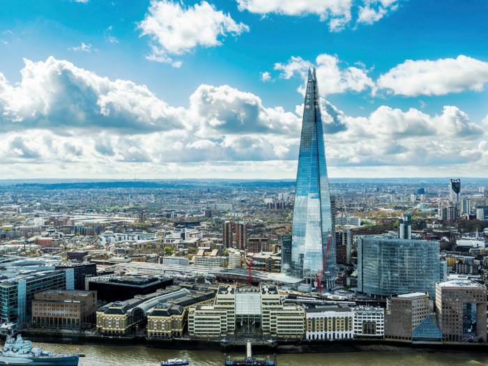 Standing 95-stories high, the aptly-named Shard is the epitome of a modern skyscraper with its glass facade and numerous bars and restaurants, all of which offer spectacular views.