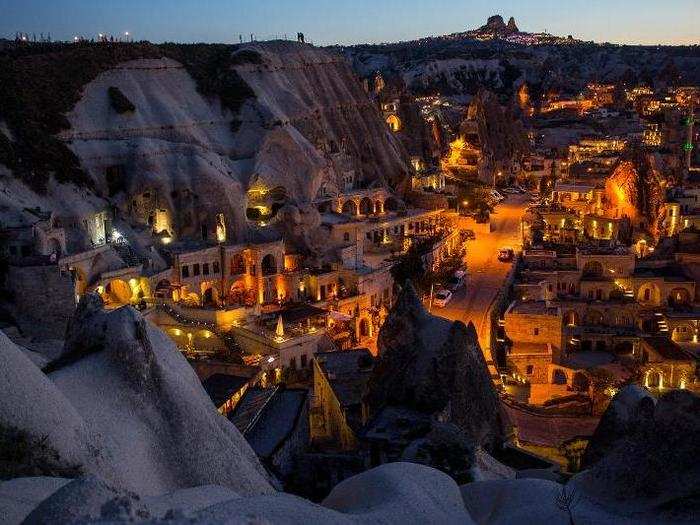 Rocky homes line the cliff face in Nevsehir, Turkey, also known as the Cappadocia region. The area is popular with tourists for its Byzantine art and large network of underground Bronze Age troglodyte dwellings.