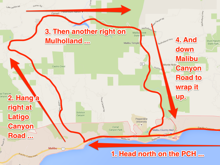 This would entail a jaunt north on the Pacific Coast Highway to Malibu, a right turn onto Latigo Canyon Road for some very technical twists and turns, followed by a run across Mulholland Drive, then back down Malibu Canyon Road to the PCH.