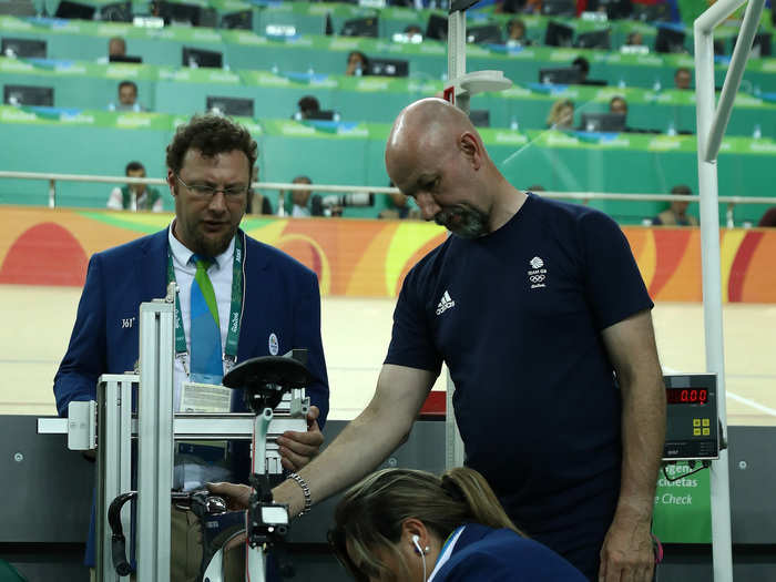 Meanwhile, officials placed bikes in a jig to make sure that each met shape and size requirements.