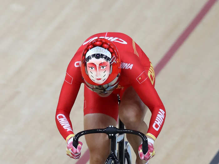 Riders from China wore custom-painted aero helmets featuring faces and masks from the Chinese Opera. The women