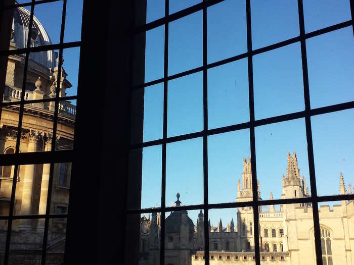 She also likes to study at Brasenose College Library. It has a fantastic view of the Radcam (the Radcliffe Camera, named after its location on Radcliffe Square) — the most famous part of the Bodleian Library nearby.