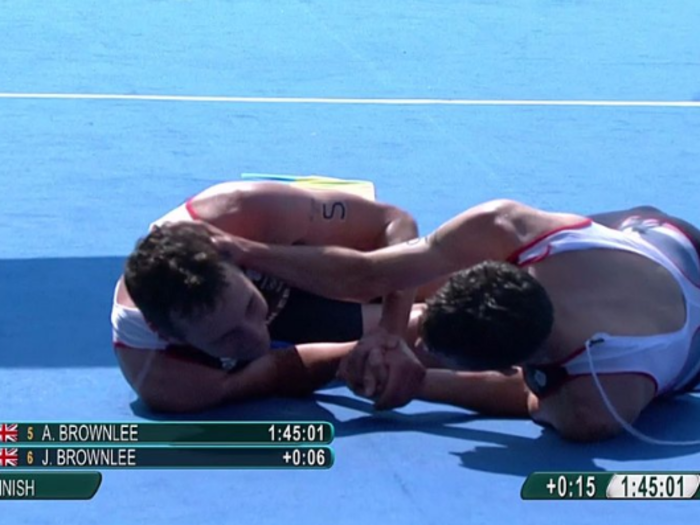 British runner Jonny Brownlee slowed down as he approached the finish line of the men