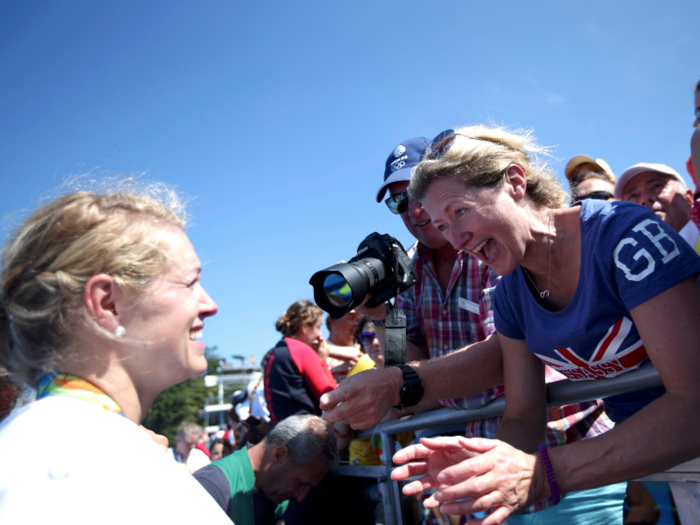 British rower Olivia Carnegie-Brown greets her proud mother after winning silver in women