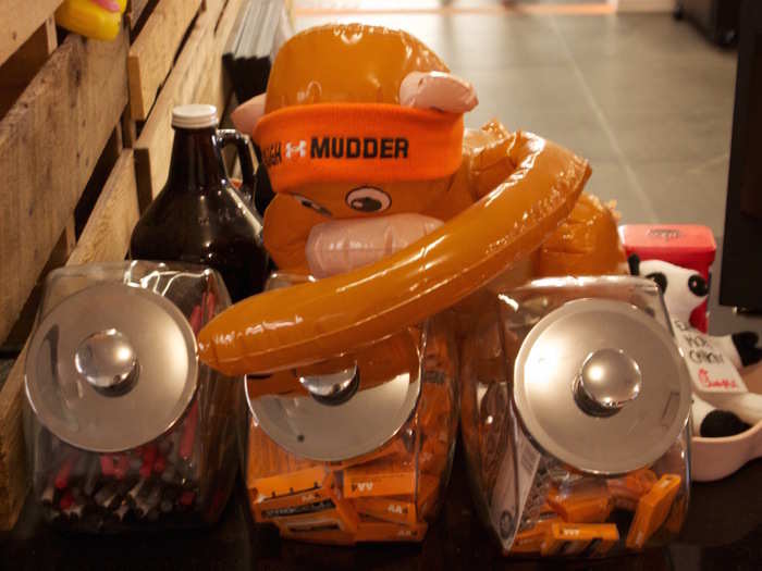 Tough Mudder-branded swag is present everywhere in the office. The monkey below sports their signature orange headband, which is given to all Tough Mudder participants when they enter the challenge.