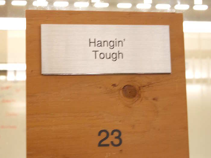 Not all the rooms are named after employees. This conference room is named after a Tough Mudder obstacle, where participants swing across a series of slippery rings over a pool of icy, muddy water.