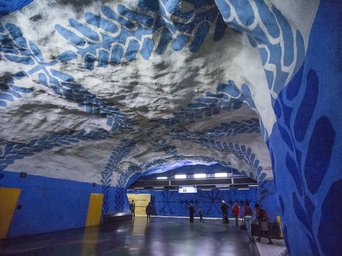 This blue mural showing vines and flowers is located in the T-Centralen station, arguably the city