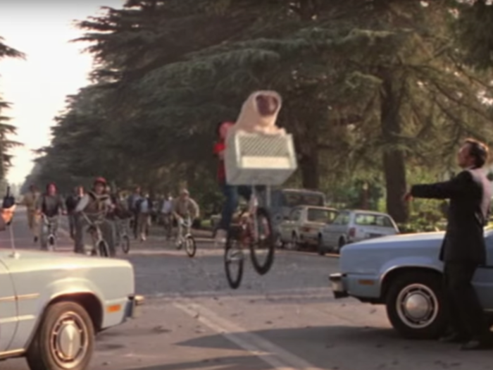 The show, which draws heavily on the films of Steven Spielberg, was paying tribute to the bike chase from "E.T." In the scene in question, E.T. uses his powers to send Elliot flying through the air.