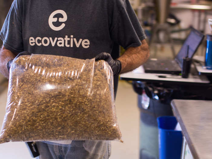 Next, workers take the bagged mixture of farm waste and mushroom roots (which the company calls "nature