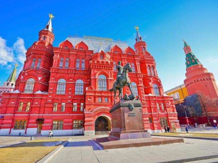 The Moscow State Historical Museum is near the Red Square, and made with deep red bricks.