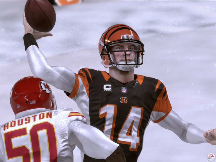 In a scene straight out of the late-season playoff hunt when the weather gets rough, Cincinnati Bengals quarterback Andy Dalton is rushed by Justin Houston of the Chiefs: