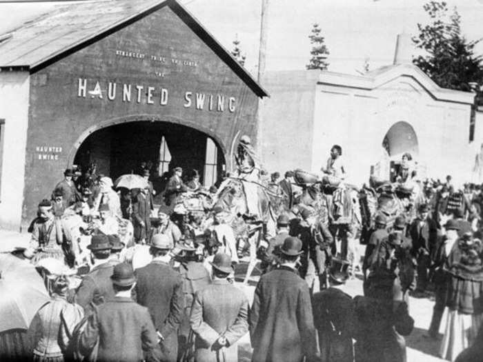 Musicians performing outside the "Haunted Swing" at the Midwinter Fair in Golden Gate Park, 1894