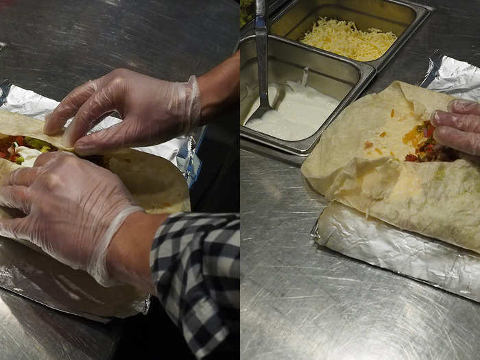 The next step is crucial: rolling the burrito could mean shoving everything together into a mess of ingredients (a la Chipotle), or it could mean carefully packaging a perfect blend of ingredients.