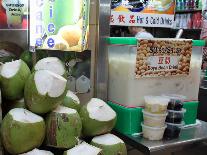 People choose to wash down their meals with fresh coconut water or soy-based drinks.