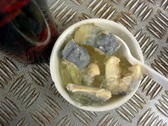 ENGLAND: Jellied eels consist of eels boiled in stock that sets and forms a gelatin when cooled.