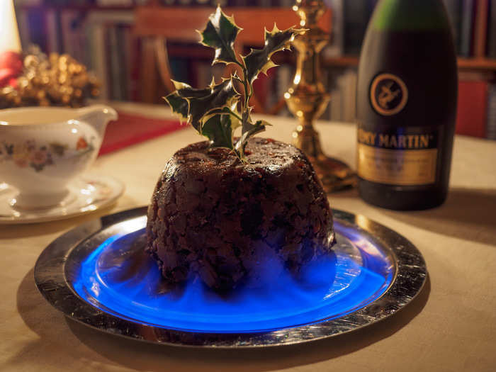 No British Christmas is complete without Christmas pudding, a dessert made from fried fruit, nuts, suet, and lots of brandy that