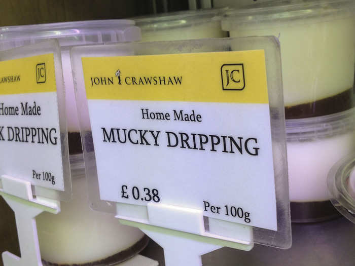 Dripping is the fat rendered from roasting a joint of beef or pork, and can be used as a substitute for oil in cooking or served straight up on toast. Mucky dripping, which also includes whatever is left in the bottom of the roasting pan, is a variant from Yorkshire.