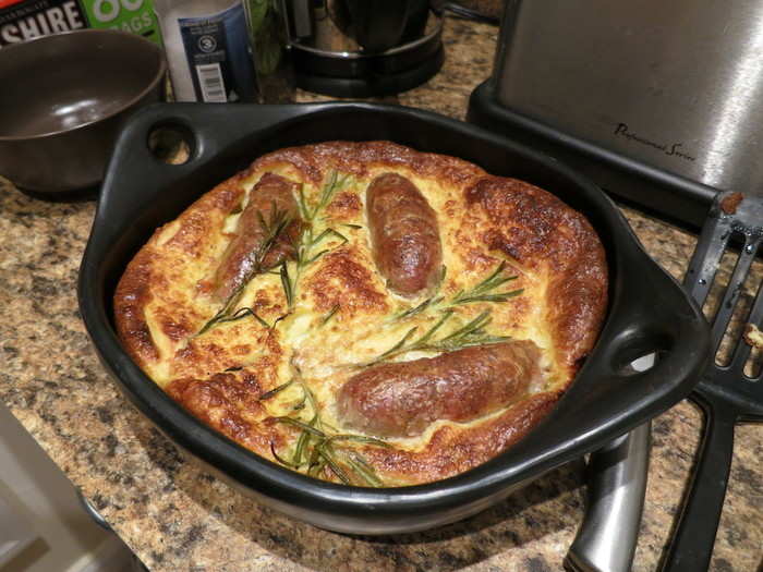 Toad in the hole consists of sausages baked into a Yorkshire pudding batter. Though it may not sound (or look) particularly appetising, it