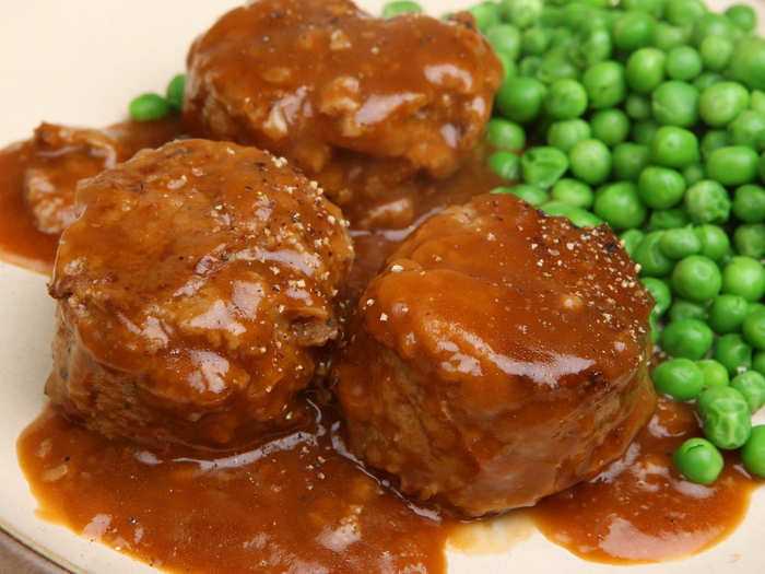 Meatballs made out of meat off-cuts and offal (usually pork) served with onions and gravy don