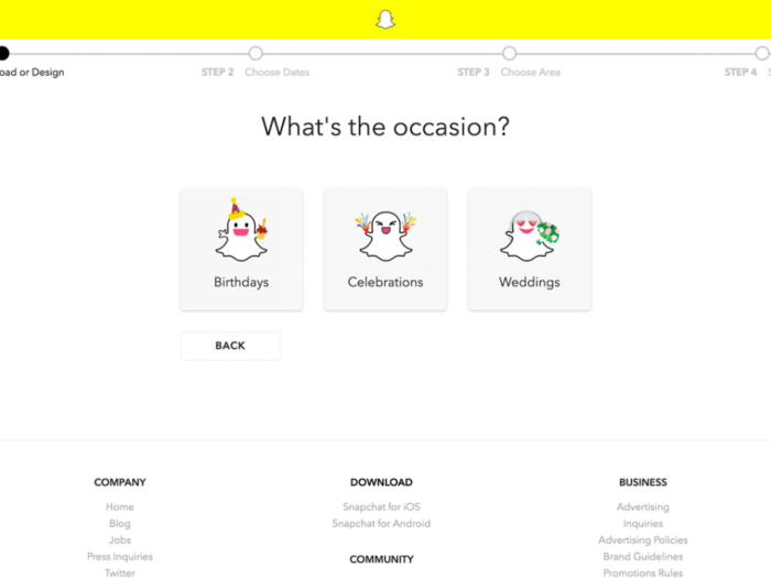 Snapchat lets you pick from three theme collections: birthdays, celebrations, and weddings.