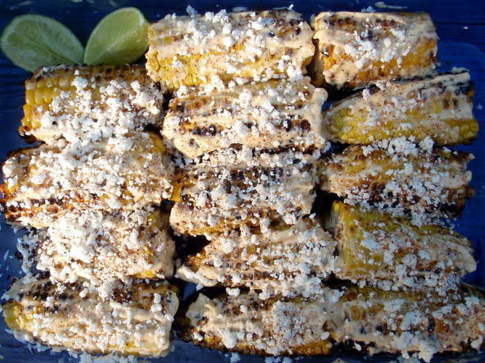 Elote, or corn on the cob, is a popular street food in Mexico, where it is sold covered in salt, chili powder, butter, cheese, sour cream, and mayonnaise.