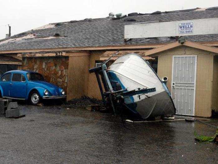 Hurricane Dolly was a Category 1 when it hit Texas in 2008. This rating has wind speeds of 74 to 95 mph. They can damage the outside of homes, break large tree branches, and possibly knock down power lines, causing outages for several days.