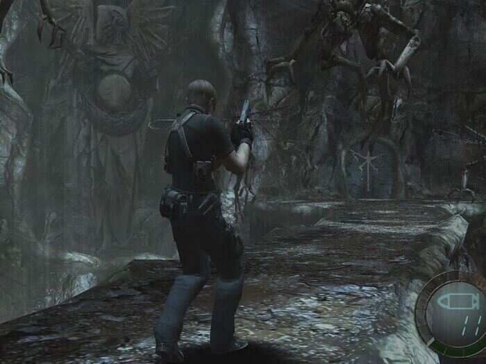 The big innovation in "Resident Evil 4" was removing the top-down perspective of the old games and putting the camera directly behind Leon. When you aim your gun, the camera zooms in over your shoulder, which is commonplace in games now.