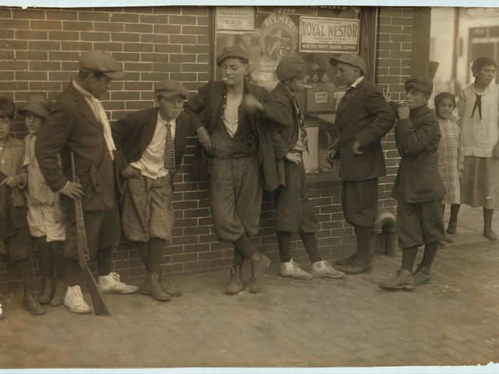 Street gang, corner of Margaret & Water Streets - 4:30 p.m. Location: Springfield, Massachusetts, June 1916.