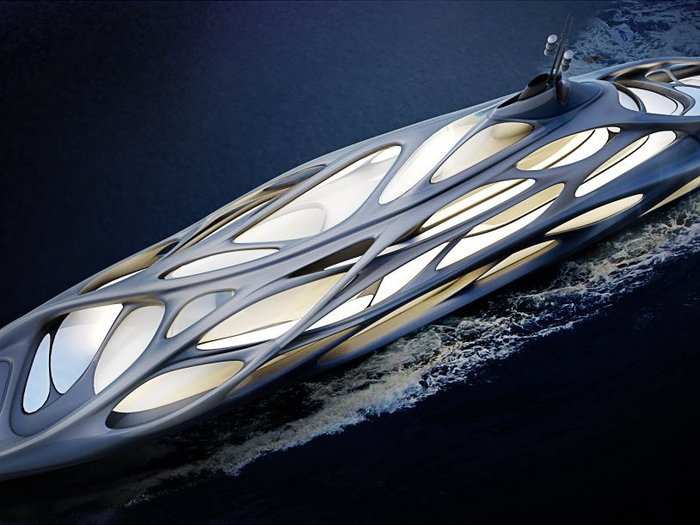 3. This superyacht concept designed by architect Zaha Hadid and German shipbuilding firm Blohm+Voss has a beautiful, interlacing exterior. It will serve as a model for five new yachts that will be 98 yards long.