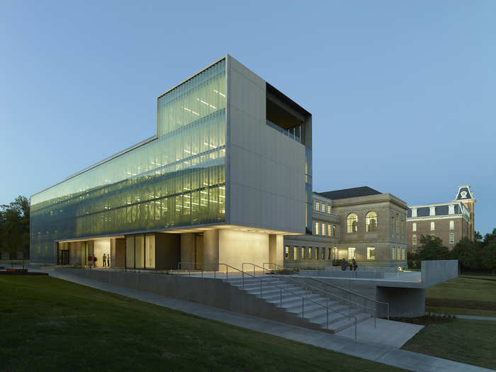 Marlon Blackwell Architects won the AIA award for its restoration of the Steven L. Anderson Design Center at the University of Arkansas in Fayetteville. The use of Indiana limestone honors the history of the building, while the west-facing glass makes it feel contemporary.