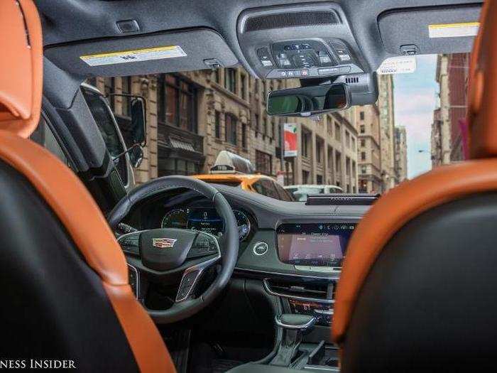 The view from the back seat, showing the cluster of overhead controls, which include OnStar, GM