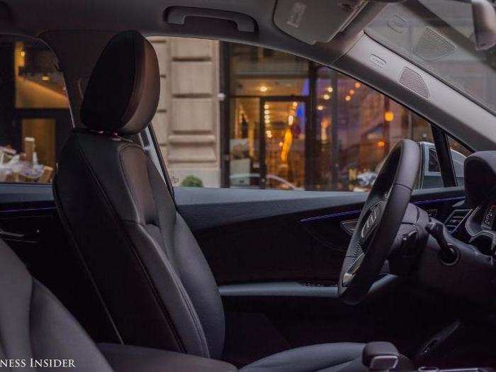 Inside, the Q7 has a high but not towering driving position and is a cocoon of rich, black leather. The seats are widely adjustable and moderately bolstered, and up front they feature lumbar supports.