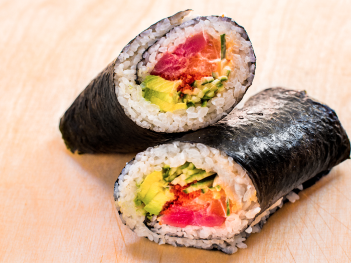 Uma Temakeria  on 7th Avenue is offering a spin on the sushi burrito: yellow fin tuna and Atlantic salmon, avocado, cucumbers, tobanjan mayo, tobiko, and sesame seeds.