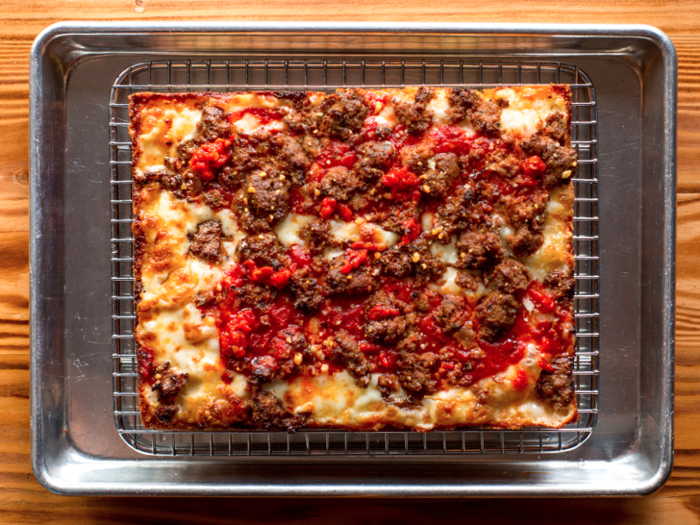 Not to be outdone by its sister restaurant, Emily, Emmy Squared offers a secret pizza of its own: the Chazy-Boom-Wow, a deep-dish pizza topped with meatballs and Calabrian chilis.