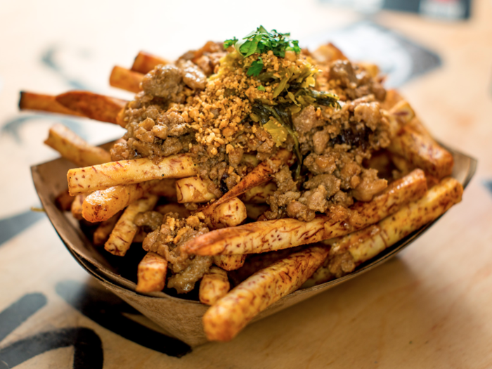 Lovers of loaded fries and Asian food, rejoice: The panda fries from Baohaus in the East Village are seasoned with spices and topped with stewed Berkshire pork and pork belly with shiitake mushrooms, dried shrimp, and relish.