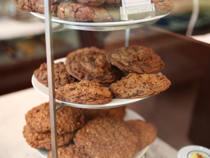 I made a beeline for the cookie tower. The chocolate chip pecan cookie looked — to my dismay — much more baked through than Levain