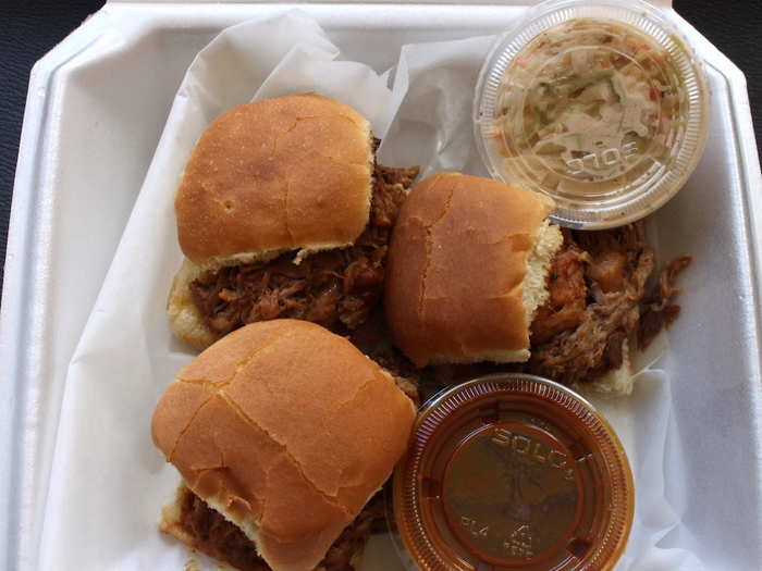 The three sliders came with a side of cole slaw and extra BBQ sauce. The bread was a tad soggy from sitting before I arrived, but otherwise, thumbs up.