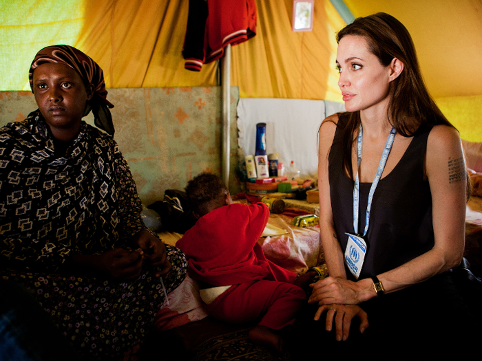 Jolie has said that she first became aware of worldwide humanitarian crises while filming "Tomb Raider" in Cambodia and began visiting refugee camps around the world. She was soon named a UNHCR Goodwill Ambassador.