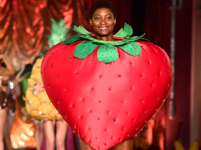 17. Fruit was a major theme at the Charlotte Olympia catwalk show on September 19. The models were all dressed in outlandish costumes, like this giant strawberry.