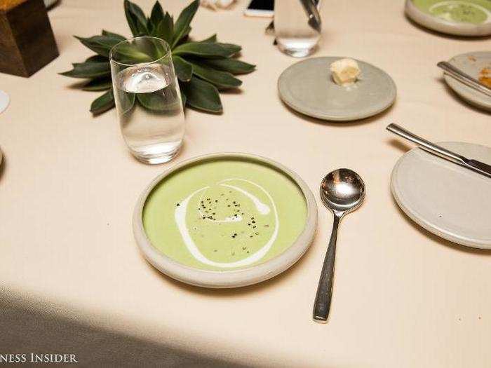 Parents are encouraged to share food with their children, like this appetizer of lettuce velouté: puréed vegetables with a strong black pepper and cream.