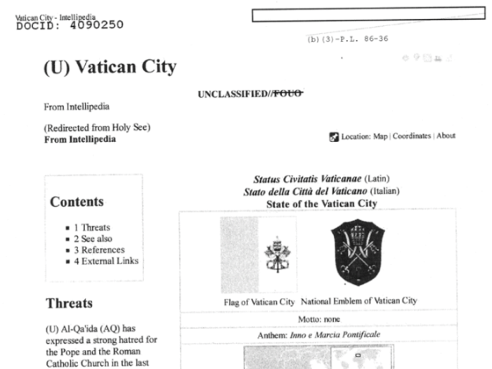 The entry for Vatican City, which has been accessed more than 10,000 times, is quite different from the playful page for Conch Republic. Instead, it goes straight to what intel analysts would want to know: Threats.