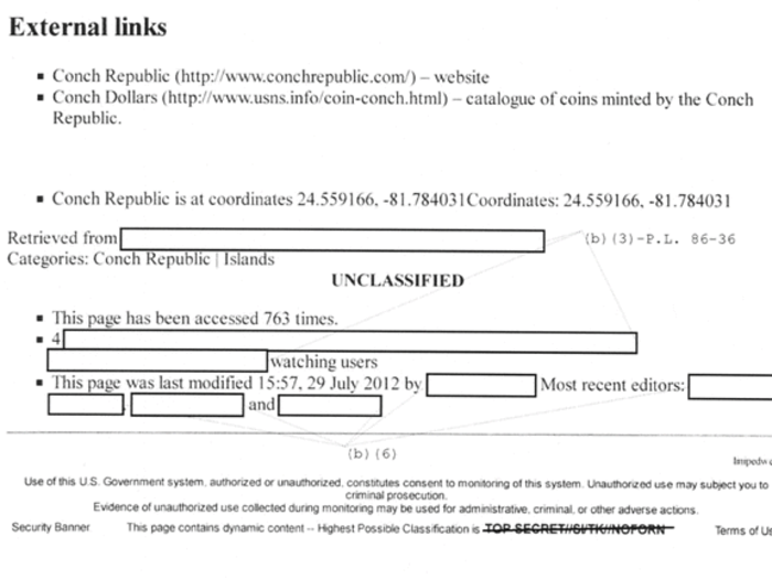 Unlike normal Wikipedia, the top and bottom portion of each entry has classification markings, like this one marked "Unclassified." There are also portion markings of (U), which means the same. The entry on the Conch Republic was accessed 763 times.