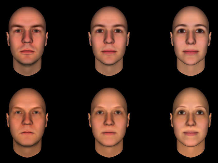 Perceived trustworthiness increases from left to right. Associated traits include feminine features and resemblance to a smile.