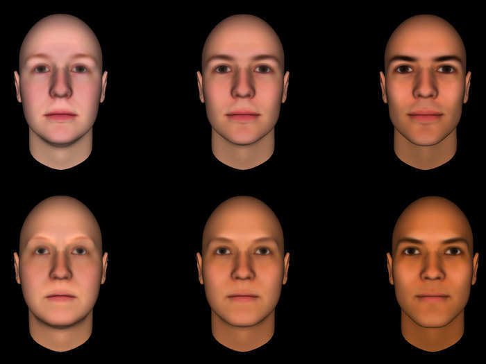 Perceived competence increases from left to right in the faces below. Associated traits include darker skin — in this case a factor of gender, not race — and attractiveness.