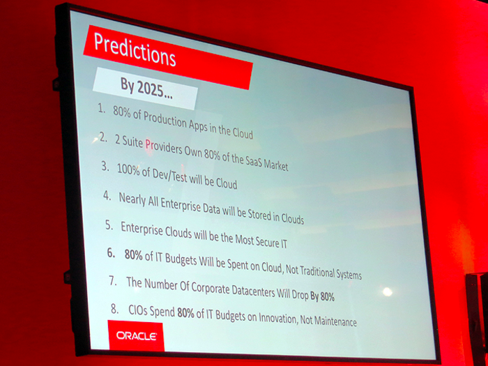 Hurd gave the crowd a mini-version of his major public keynote  and then did a Q&A. The keynote included predictions of how cloud computing would eat the world within 10 years. This belief is why Oracle is hurling itself into cloud computing as fast as it can, spending billions to build new data centers, launching new cloud services, converting all of its software into cloud offerings, and pitching it all heavily to its customers.